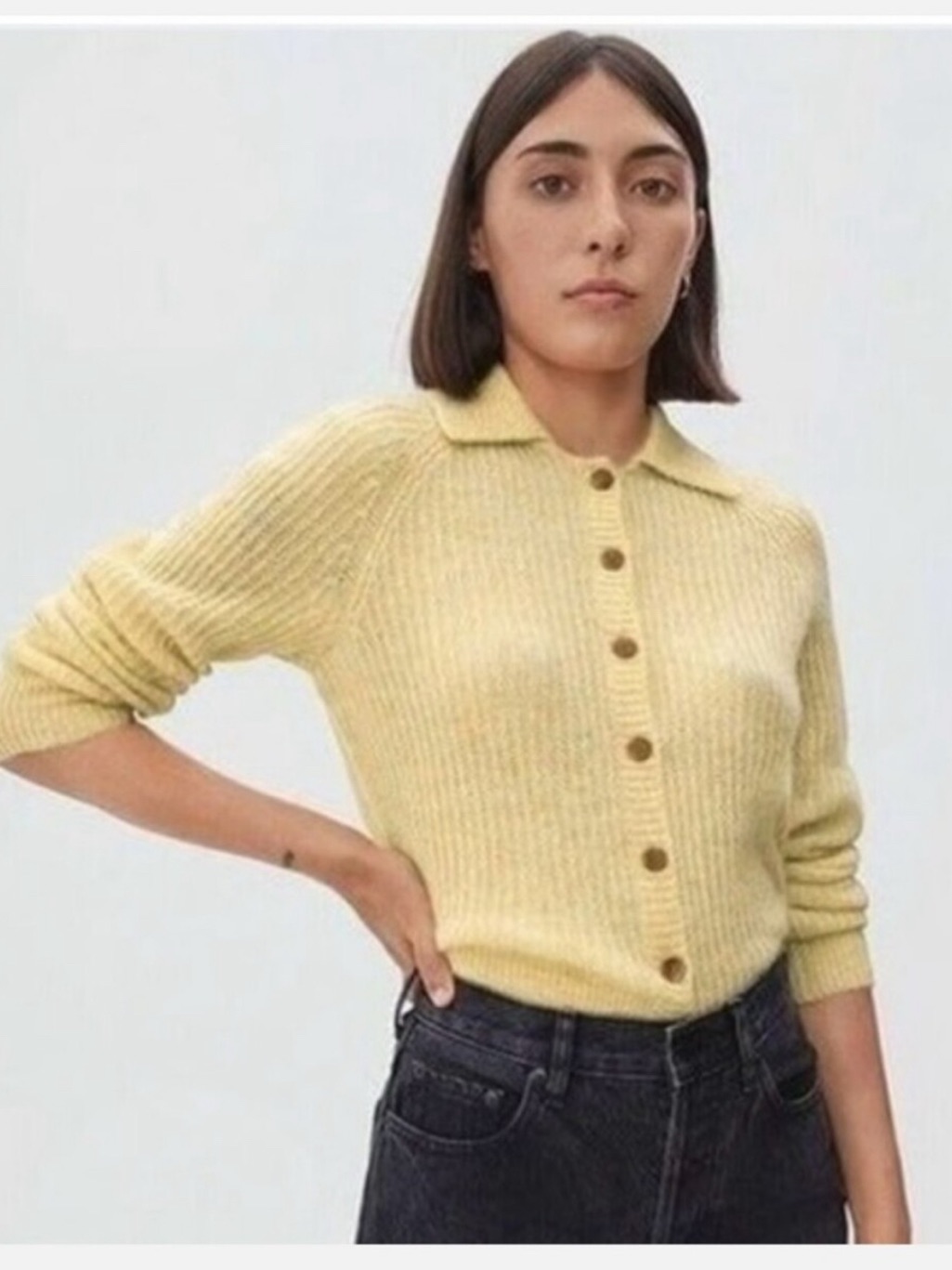 Everlane Alpaca Merino Blend Collared Cardigan Knit Sweater Soft Dainty Yellow